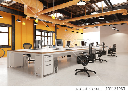 Modern industrial loft office interior. 3D rendering of an empty open-plan workplace with desks and computers. 131123985