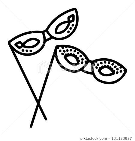 Two crossed masquerade masks with sticks, vector black line illustration 131123987