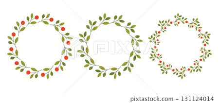 Set of three botanical wreaths with green leaves and red berries, decorative floral vector illustration Set of three botanical wreaths with green leaves and red berries, decorative floral vector illustration 131124014