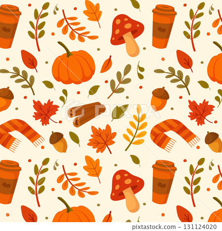Seamless autumn pattern with pumpkin, leaves, acorns, coffee and fall elements in cute cartoon style Seamless autumn pattern with pumpkin, leaves, acorns, coffee and fall elements in cute cartoon style 131124020