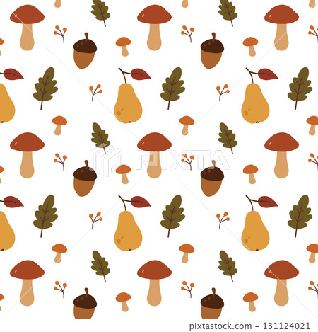 Autumn Seamless Pattern with Mushrooms, Acorns, Leaves, Pears and Berries in Flat Style 131124021