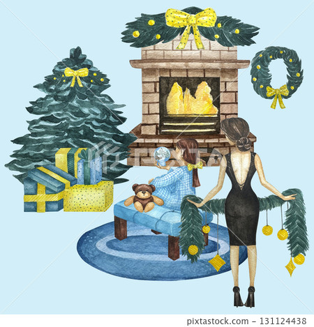 Watercolor Christmas set of hand painted elements isolated on white background. A  fireplace, christmas tree ahd garlands, wreath, women with gifts, boxes with gifts. Seamless pattern. 131124438