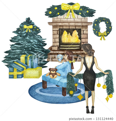 Watercolor Christmas set of hand painted elements isolated on white background. A  fireplace, christmas tree ahd garlands, wreath, women with gifts, boxes with gifts. Seamless pattern. 131124440