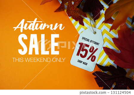 Autumn Sale 15% Off with Price Tag and maple leaf decorated on orange background Autumn Sale 15% Off with Price Tag and maple leaf decorated on orange background 131124504