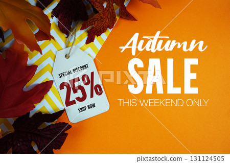 Autumn Sale 25% Off with Price Tag and maple leaf decorated on orange background Autumn Sale 25% Off with Price Tag and maple leaf decorated on orange background 131124505