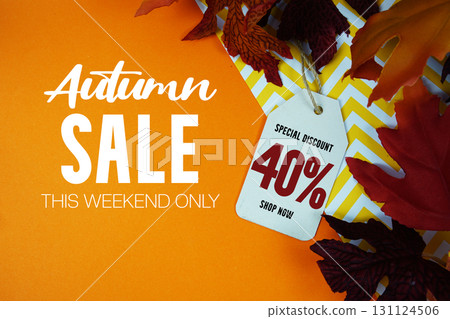 Autumn Sale 40% Off with Price Tag and maple leaf decorated on orange background Autumn Sale 40% Off with Price Tag and maple leaf decorated on orange background 131124506