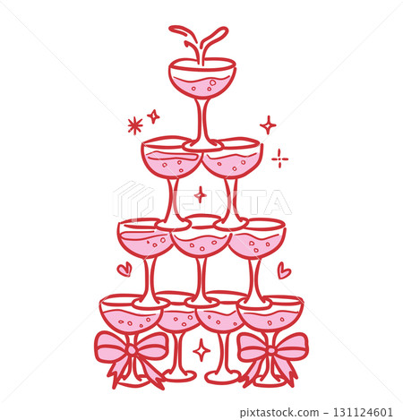 Red Outlined Champagne tower set Pink Filled Line Art Illustration for Bachelorette Party Coquette Style Celebration Party Invitations Greeting Cards and Festive Decoration Design 131124601