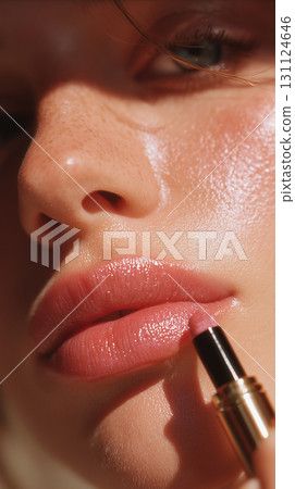 Woman is applying glossy lip gloss to her lips with an applicator, highlighting vibrant color and texture, creating a fresh and appealing beauty aesthetic5 131124646