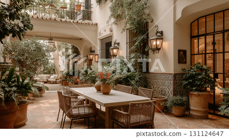 Traditional Andalusian style courtyard with arched columns patterned tiles and ochre walls with potted plants and hanging lantern in bright decorative style 131124647