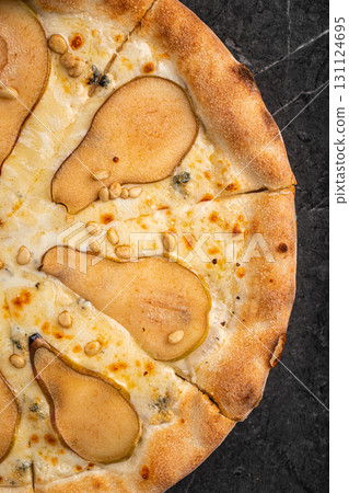 Gourmet pear and cheese pizza with crispy crust Gourmet pear and cheese pizza with crispy crust 131124695