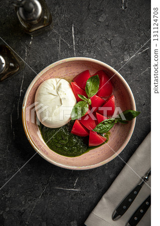 Fresh caprese salad with burrata tomato and basil 131124708