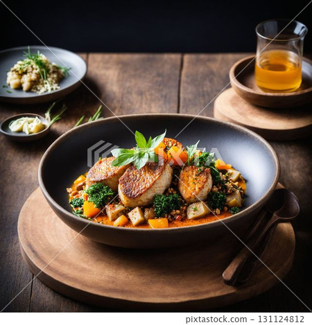 Roasted Medallions with Greens on Wooden Board 131124812