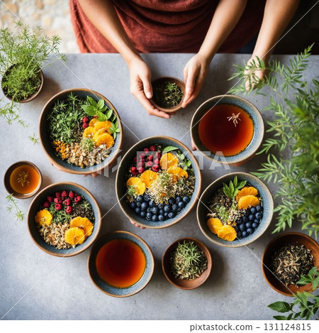 Flat Lay of Wellness Bowls, Berries in a Healthy Environment 131124815