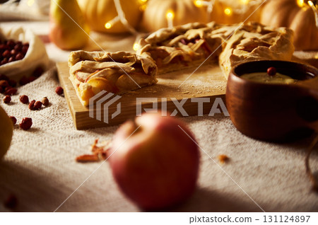 Autumn Thanksgiving Pie Table Scene With Apple Pie 131124897