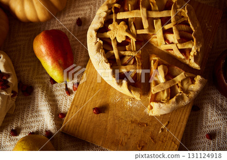 Autumn Lattice Pie On Wooden Board With Apples, Pears, And Pumpkins Autumn Lattice Pie On Wooden Board With Apples, Pears, And Pumpkins 131124918