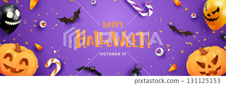 Halloween banner with pumpkins, bats, balloons, candy and confetti scattered on purple background Halloween banner with pumpkins, bats, balloons, candy and confetti scattered on purple background 131125153