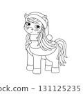 Cute pony horse in Christmas clothes. Kids simple coloring book. Vector illustration with black outline. 131125235
