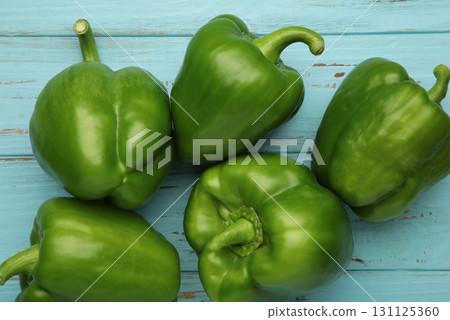 Macro Photo food vegetable green bell peppers on blue background. Space for text 131125360