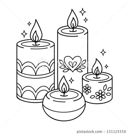 Burning candles doodle set. Hand drawn black and white isolated Burning candles doodle set. Hand drawn black and white isolated 131125558