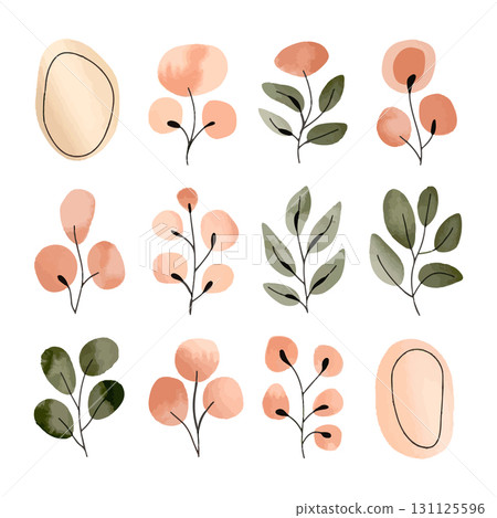 Vibrant watercolor botanical illustrations showcasing various flowers and leaves in soft pastel colors arranged in a grid 131125596