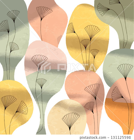 Soft and colorful abstract patterns featuring ginkgo leaves in pastel shades and flowing shapes Soft and colorful abstract patterns featuring ginkgo leaves in pastel shades and flowing shapes 131125598