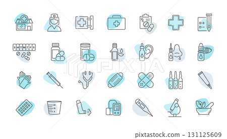 Medical pharmacy line icon set. First aid, prescription drugs, pill bottles, ear drops, nasal spray minimal vector illustrations. Simple outline signs for healthcare treatment. Editable Stroke 131125609