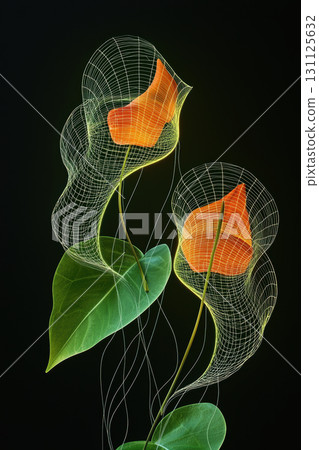 Abstract glowing leaves with rhythmic patterns create mesmerizing visual experience, blending nature and technology in captivating design Abstract glowing leaves with rhythmic patterns create mesmerizing visual experience, blending nature and technology in captivating design 131125632
