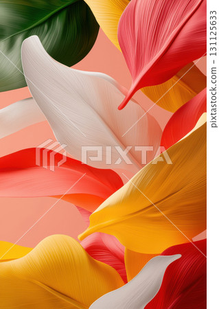 Vibrant abstract leaves in rhythmic patterns create dynamic visual experience, showcasing blend of colors like red, yellow, green, and white Vibrant abstract leaves in rhythmic patterns create dynamic visual experience, showcasing blend of colors like red, yellow, green, and white 131125633