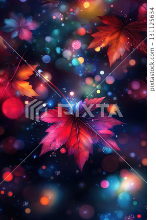 Vibrant abstract glowing leaves float in rhythmic patterns, creating mesmerizing visual experience with colorful bokeh effects Vibrant abstract glowing leaves float in rhythmic patterns, creating mesmerizing visual experience with colorful bokeh effects 131125634