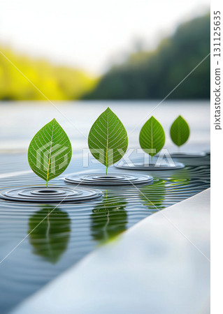 Floating green leaves creating ripples on calm water, symbolizing tranquility and nature beauty 131125635
