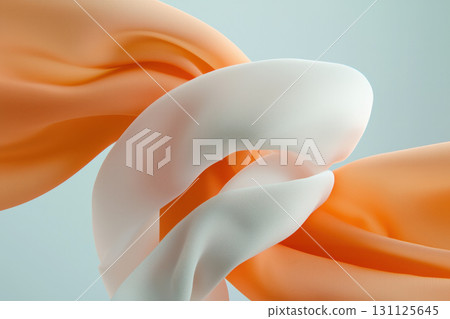 Soft flowing fabric in orange and white colors creates serene and elegant composition. gentle curves and textures evoke sense of calm and fluidity 131125645
