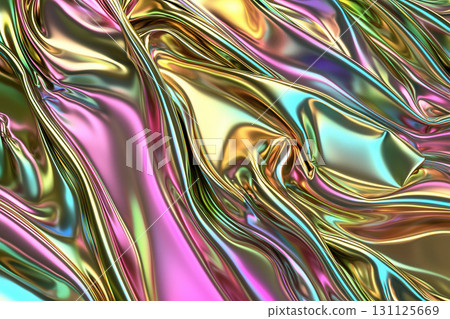 Shimmering liquid waves in vibrant colors create mesmerizing flow, evoking sense of tranquility and beauty. soft gradients enhance peaceful atmosphere 131125669