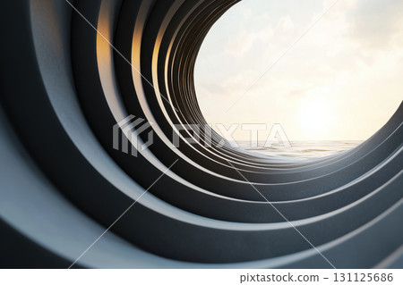 Cascading spirals of light create tranquil atmosphere, leading to serene horizon. rhythmic loops evoke sense of calm and wonder Cascading spirals of light create tranquil atmosphere, leading to serene horizon. rhythmic loops evoke sense of calm and wonder 131125686