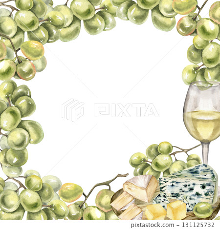 Grapes,wine and cheese plate watercolor banner template for menu,card,invitation design. White wine glass, camembert,blue cheese pieces decorated with grapevine clipart, organic healthy summer food 131125732