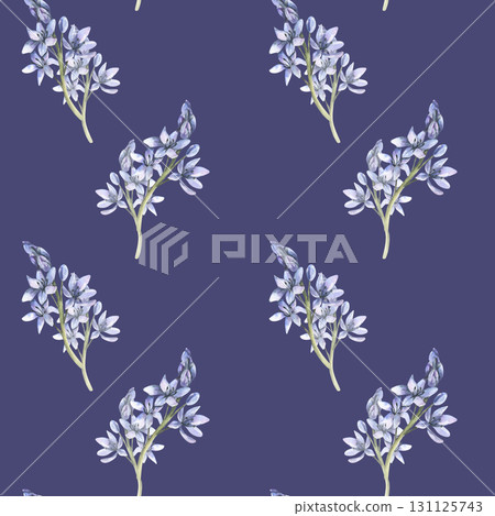Blue flowers watercolor seamless pattern on blue. Hand drawn floral background with spring first flowers, fresh botanical elements for home textile, fabric, stationery in rustic design 131125743
