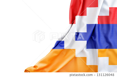 Flag of Republic of Artsakh with empty space on the left. Isolated. 3D Rendering Flag of Republic of Artsakh with empty space on the left. Isolated. 3D Rendering 131126048