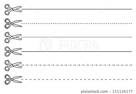 Scissors line cutter set, black stroke shears with cutting lines bundle. Cut lines across paper pages, vector monochrome collection in various styles and shapes Scissors line cutter set, black stroke shears with cutting lines bundle. Cut lines across paper pages, vector monochrome collection in various styles and shapes 131126177