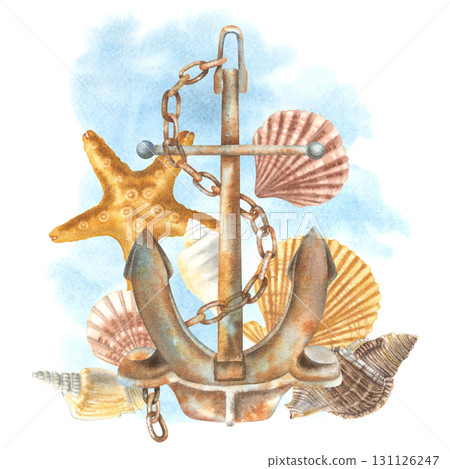Rusty stell anchor with seashells. Hand drawn watercolor illustration of marine themes attributes on isolated background. Composition ideal for nautical stickers design, party decorations, stationery. 131126247