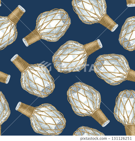Seamless pattern with a glass bottle wrapped in crocheted macrame mesh. Hand drawn watercolor illustration of wide bottle with decorative cap on navy background. For blog about ecology and recycling. 131126251