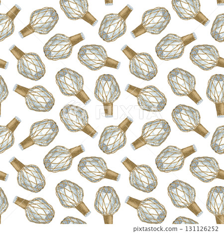 Seamless pattern with a glass bottle wrapped in crocheted macrame mesh. Hand drawn watercolor illustration of wide bottle with decorative cap on white background. For blog about ecology and recycling. 131126252