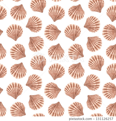 Seamless pattern with scallop. Hand drawn watercolor illustration of marine bivalve mollusk in shell on white background. Art of Seashell for nursery wallpaper, wrapping paper, marine style decor. 131126257