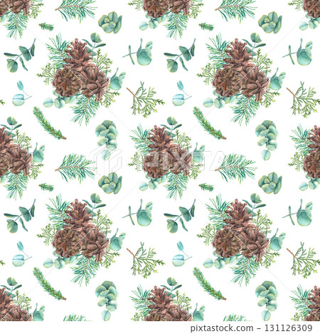 Seamless pattern for Christmas. Hand drawn pine cones, thuja, spruce branches and eucalyptus. Watercolor illustration on white background. For printing on textiles, scrapbooking, packaging, decor. Seamless pattern for Christmas. Hand drawn pine cones, thuja, spruce branches and eucalyptus. Watercolor illustration on white background. For printing on textiles, scrapbooking, packaging, decor. 131126309