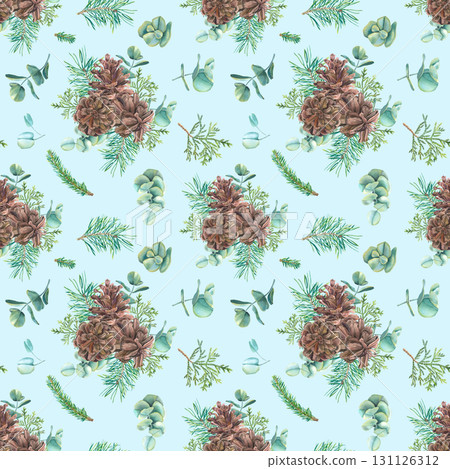 Seamless pattern for Christmas. Hand drawn pine cones, thuja, spruce branches and eucalyptus. Watercolor illustration on blue background. For printing on textiles, scrapbooking, packaging, decor. Seamless pattern for Christmas. Hand drawn pine cones, thuja, spruce branches and eucalyptus. Watercolor illustration on blue background. For printing on textiles, scrapbooking, packaging, decor. 131126312