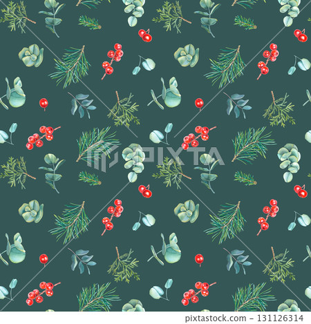 Watercolor seamless pattern with red berries of ilex, spruce twigs, eucalyptus and thuja. Hand drawn illustration on green background for design of fabric, wrapping paper, wallpaper, decoupage card. 131126314