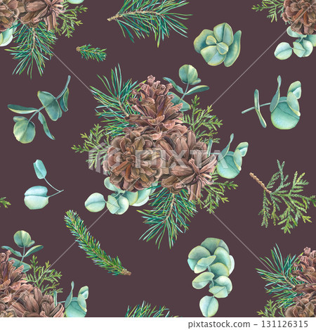 Seamless pattern for Christmas. Hand drawn pine cones, thuja, spruce branches and eucalyptus. Watercolor illustration on dark brown background. For printing on textiles, scrapbooking, packaging, decor 131126315