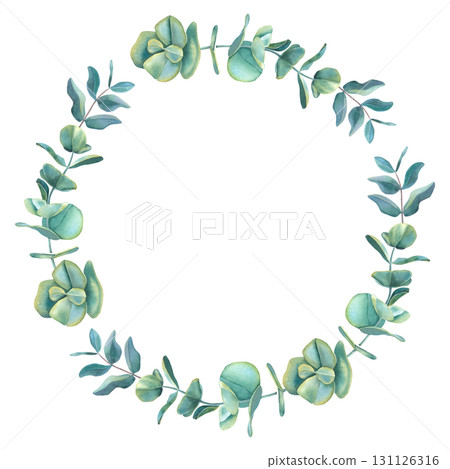 Wreath with green eucalyptus leaves. Hand drawn watercolor botanical illustration of circle floral frame on isolated background. Template for greeting cards, wedding or New Year invitations, logo. Wreath with green eucalyptus leaves. Hand drawn watercolor botanical illustration of circle floral frame on isolated background. Template for greeting cards, wedding or New Year invitations, logo. 131126316