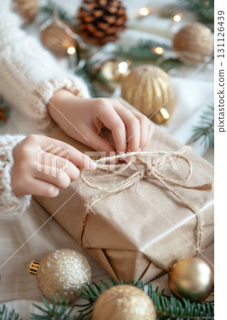 Hands wrapping eco-friendly Christmas gift with natural decor and festive ornaments 131126439