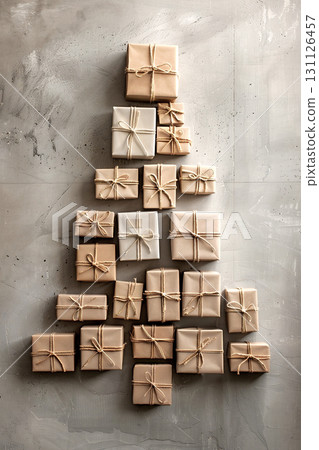 Eco-friendly Christmas DIY presents wrapped in natural materials with copy space for design 131126457