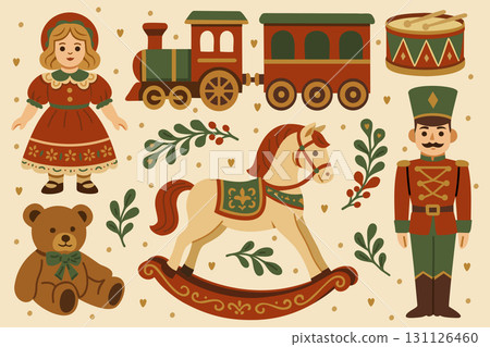Vector set of vintage toys. Doll, locomotive, drum, teddy bear, rocking horse, tin soldier 131126460