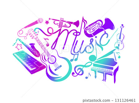 Abstract Music violet-blue. Many musical instruments. hand drawn. Not AI, Vector illustration 131126461